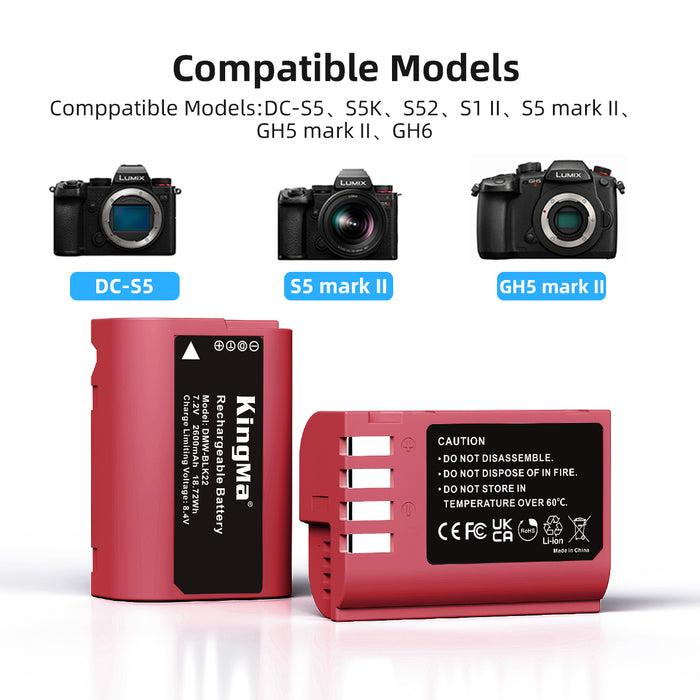 DMW-BLK22 Camera Replacement Battery 2600mAh for Panasonic DC-S5, S5K, S52, S1 II, S5 mark II, GH5 mark II, GH6