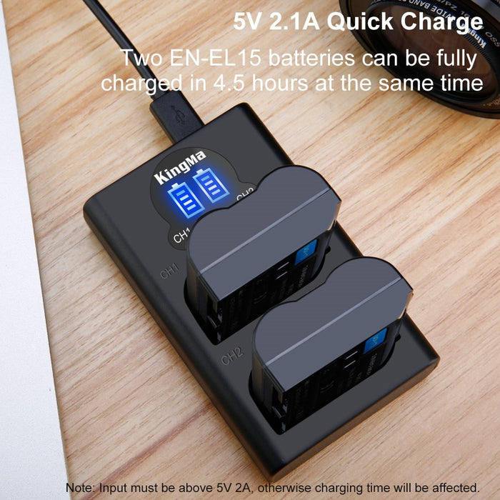KingMa EN-EL15 Dual Slot LED Display Charger for Nikon ENEL15 / EN-EL15 Battery