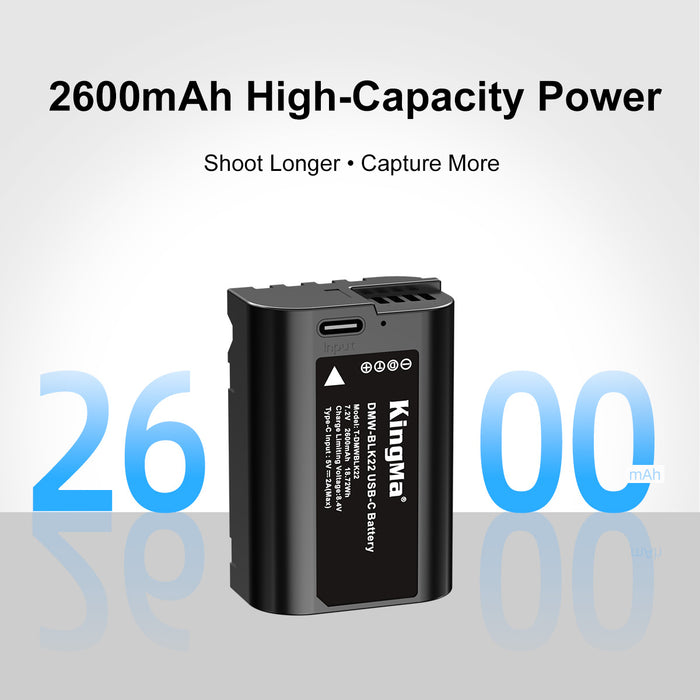 DMW-BLK22 Replacement Battery 2600mAh with Type-C Charging Port for Panasonic Cameras