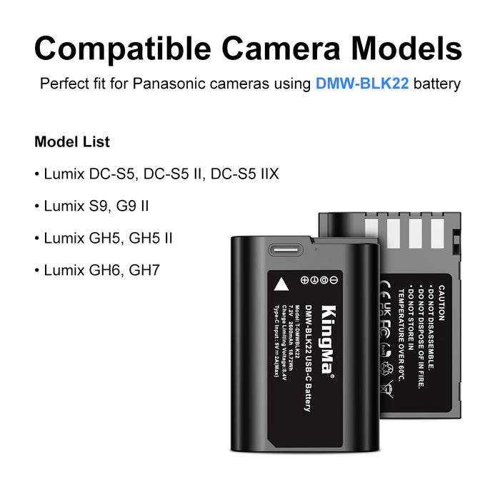 DMW-BLK22 Replacement Battery 2600mAh with Type-C Charging Port for Panasonic Cameras