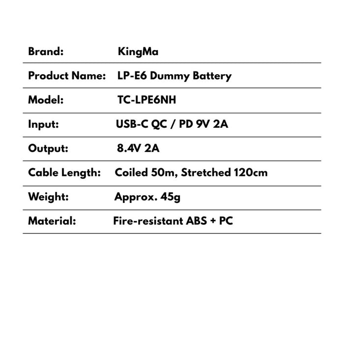 LP-E6NH USB Type-C Dummy Battery for Canon Cameras
