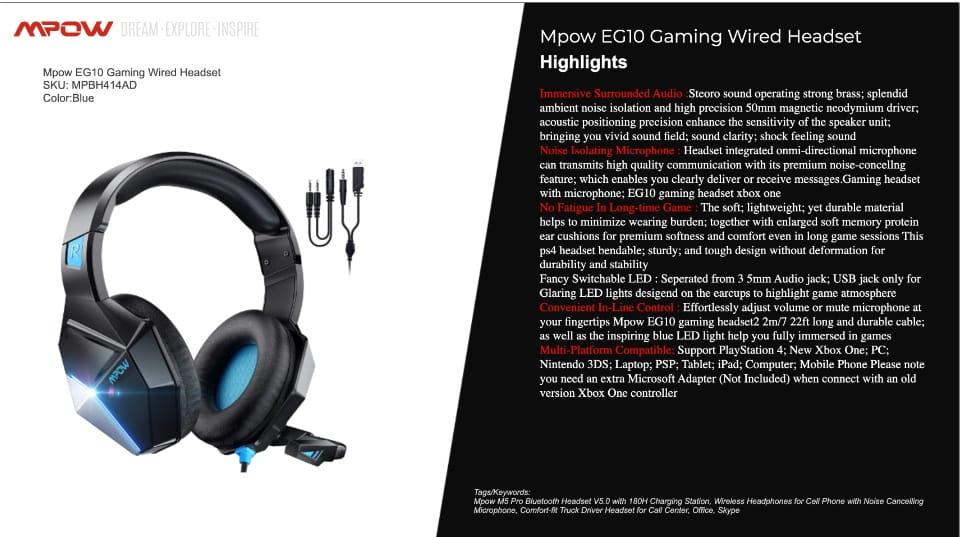 [Mpow] EG10 Gaming Headset for PS5 PS4 PC Xbox One - Headphone With Powerful 50mm Driver