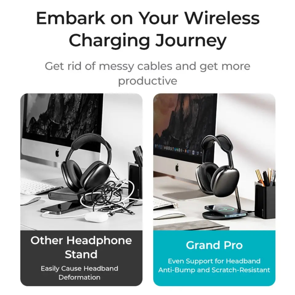 Desktop Headset Stand with Wireless Charging Pad for Phones | AirPods True Stereos